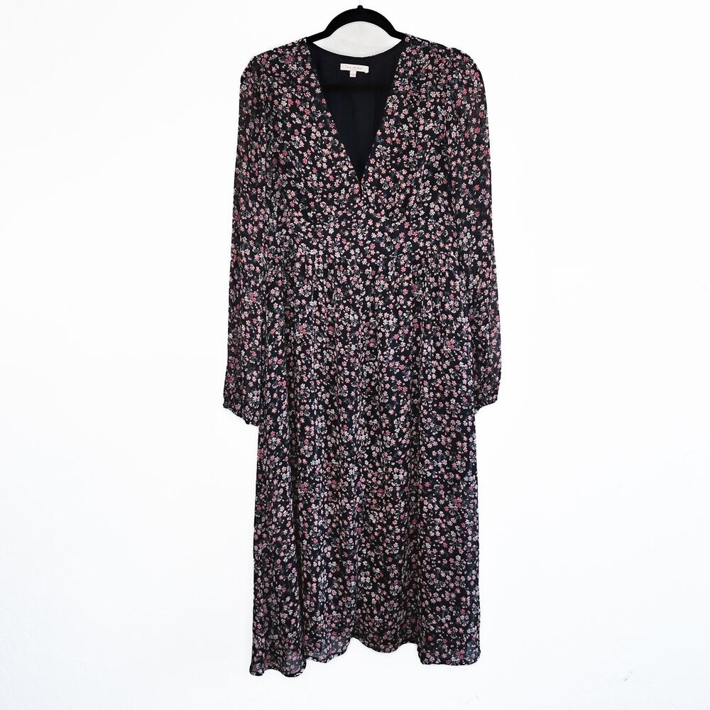 Skies Are Blue Black Floral Long Puff Sleeve Low Cut Button Front Midi Dress Lg - Picture 13 of 13